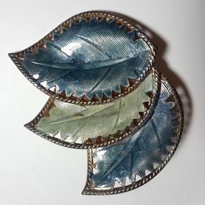 Vintage Enameled Triple Stitched Leaf Brooch Pin